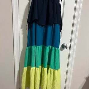 Time and Tru Blue and Green Tiered Ruffle Maxi Dress, Women's